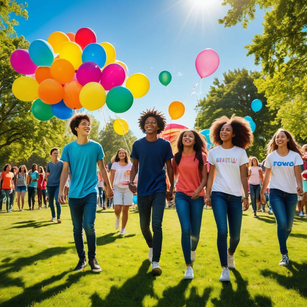 A diverse group of teenagers engaging in a vibrant outdoor community event, surrounded by colorful balloons and banners promoting empowerment and connection. Show them collaborating on creative projects, sharing laughter, and supporting each other in a supportive environment. The setting is a park with green grass, trees, and a bright blue sky to evoke a sense of positivity and hope. super-realistic. vibrant colors. sunny atmosphere.