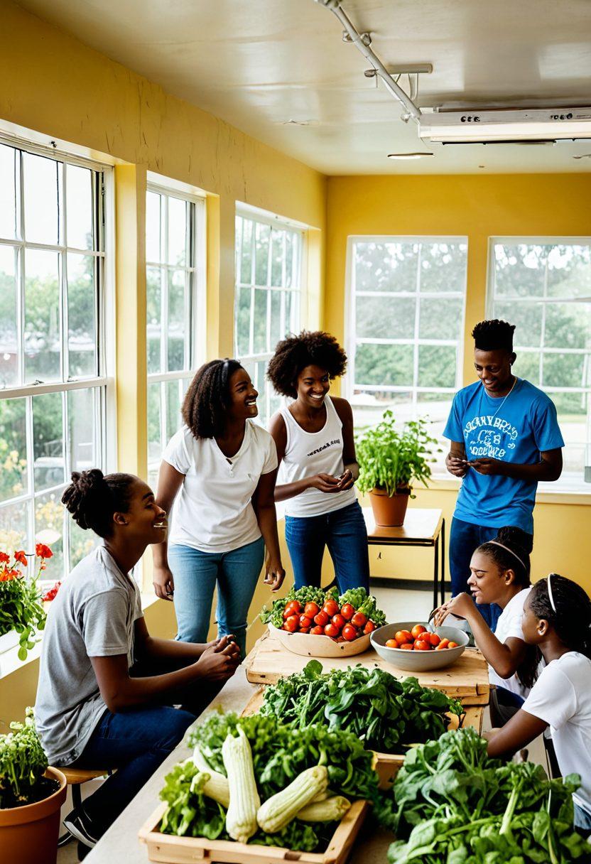 A vibrant scene depicting a diverse group of teenagers engaged in various life skill activities, such as cooking, public speaking, financial planning, and gardening, under a bright sky. The setting is a modern community center filled with tools and resources, showcasing teamwork and positivity. Include motivational quotes on the walls and warm, inviting colors to convey a sense of hope and empowerment. super-realistic. vibrant colors. community-focused.