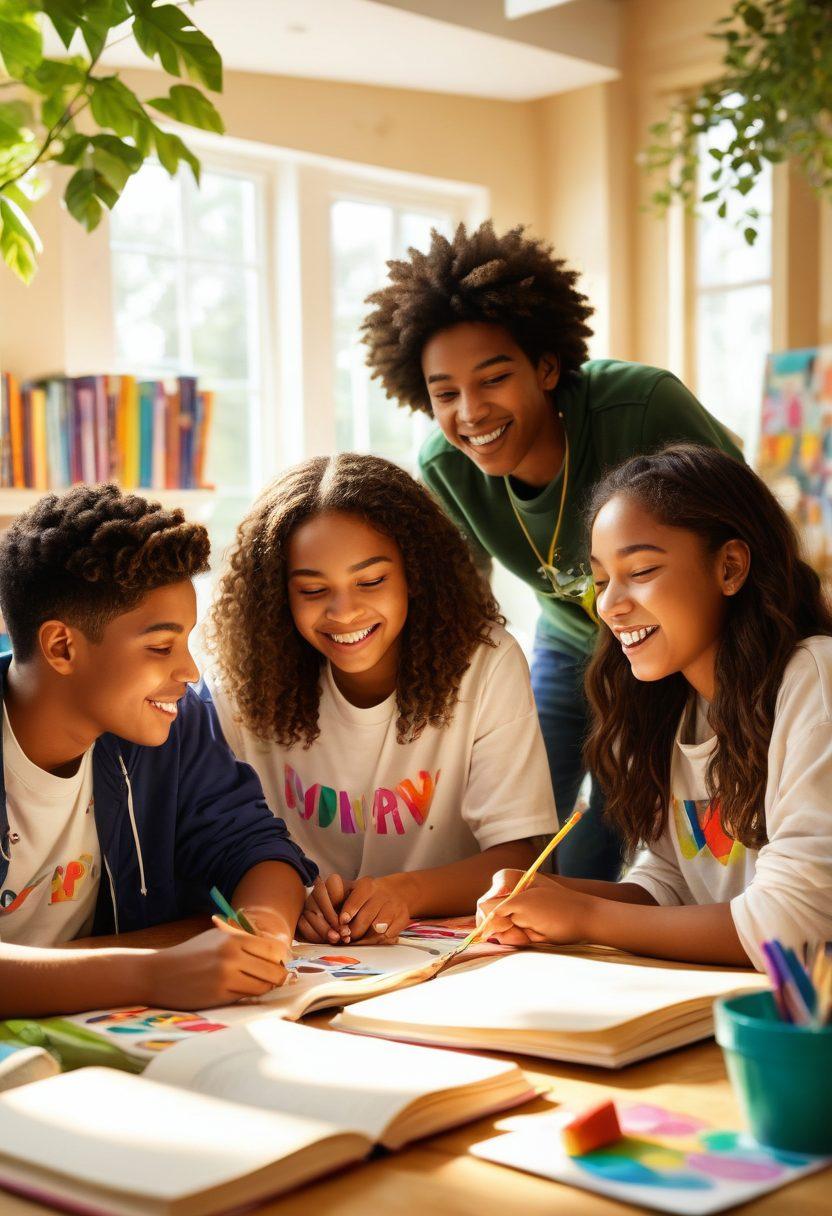 A diverse group of teens of different backgrounds engaging in a collaborative workshop, showcasing teamwork and support. They are surrounded by symbols of empowerment like books, art supplies, and technology. The setting is colorful and vibrant, representing a positive community atmosphere. Soft sunlight filters through the trees, creating a warm and inviting mood. Illustrative style with bright colors and dynamic expressions that convey energy and connection.